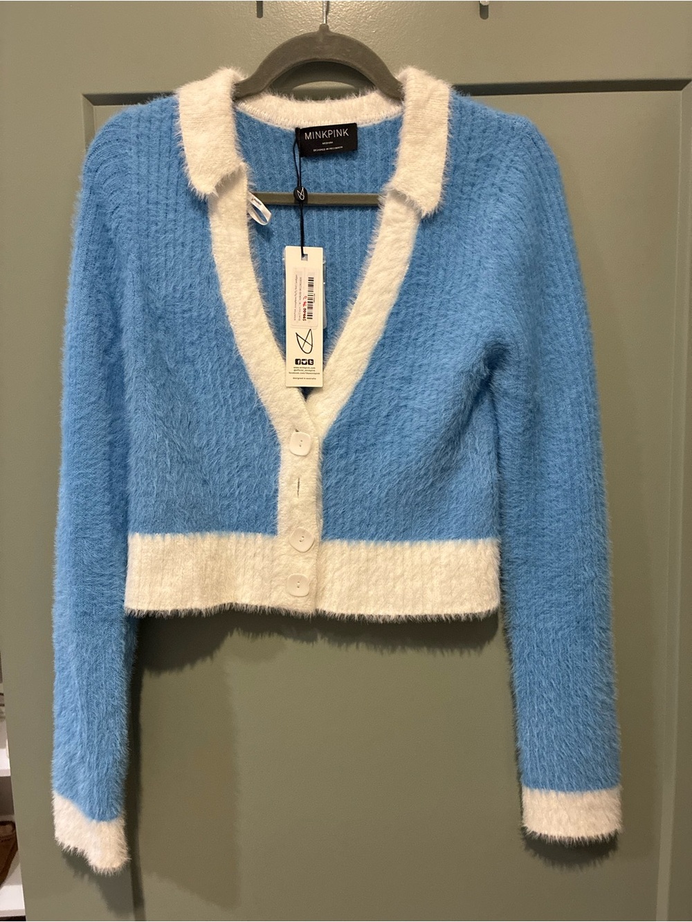 MINKPINK Sky Blue and White Fuzzy Cropped Cardigan